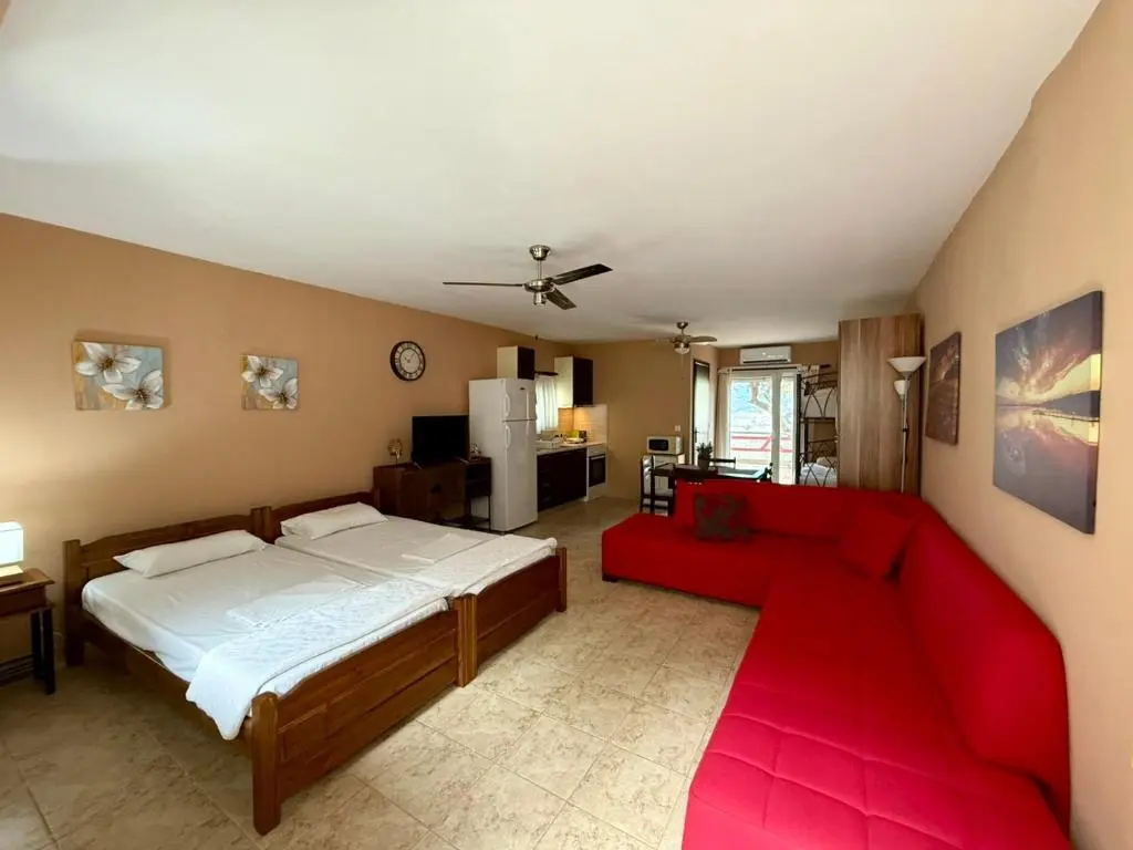 Spacious studio with beds and kitchen