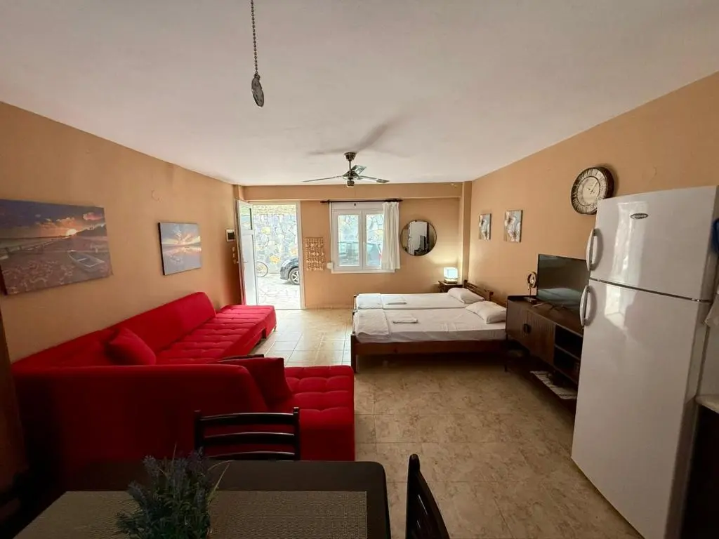 Living area with TV and sleeping space